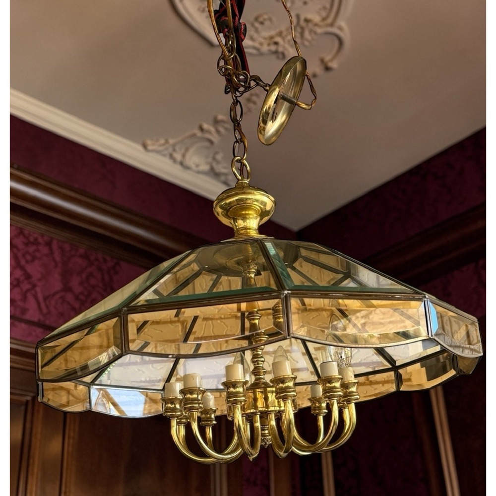 Vintage Fredrick Raymond "12 Candelabra" Brass and Stained Glass Chandelier